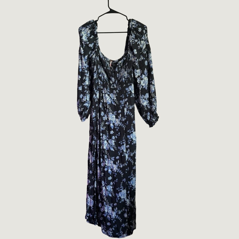 Free People Black Blue Floral Smocked Midi Dress Square Neck Side Slit Small - Picture 3 of 11